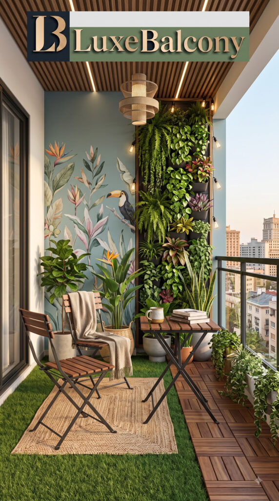mall balcony makeover before and after featuring dark wood deck tiles and synthetic grass